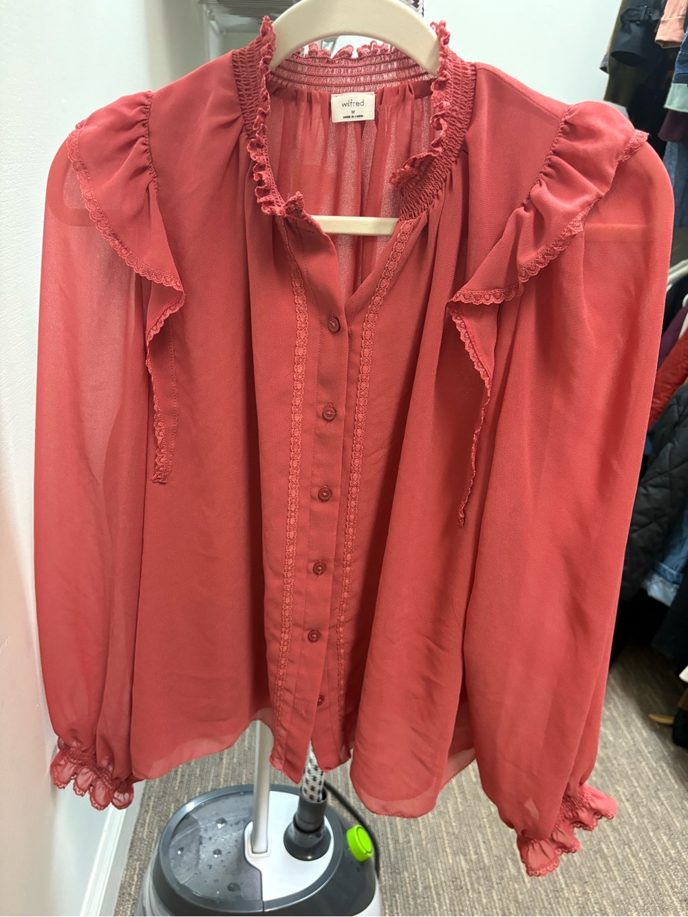 Aritzia Wilfred Pink Ruffled Button-Front Blouse